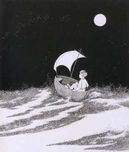 A boy in a tiny sail boat sailing at night