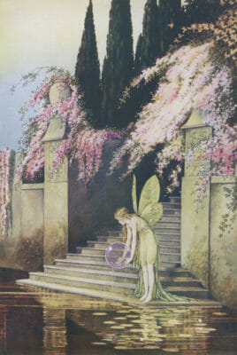 Vintage Illustration of a fairy holding a crystal ball on a set of stairs. Stairs lead to still water with water lillies. Puple flowers blossoming surrounding the staircase.