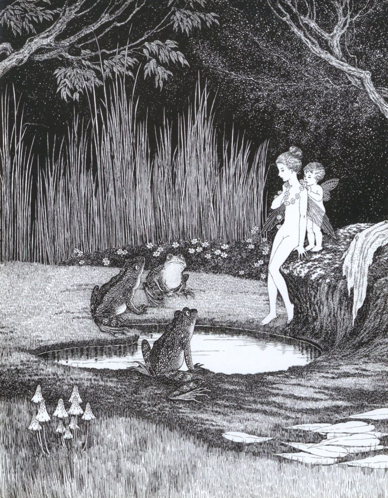 A family of frogs sitting near a bath with fairies looking on