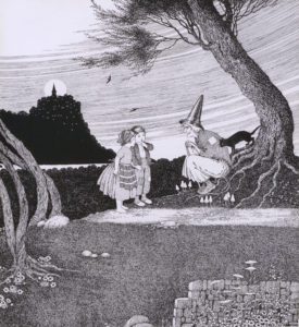 A witch with her cat chatting to a little boy and girl