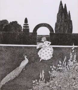 A Peacock Looking at a girl with a fan in the garden