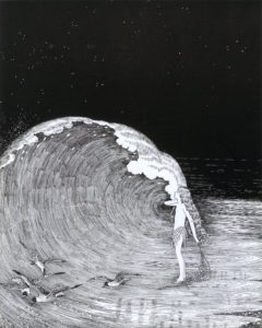 A girl standing in front of a wave approaching her