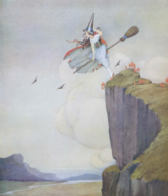 A Witch ready to take off on a broomstick from the clifftop