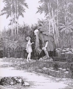 A Fairy talking to an old man near a pond