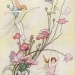 Three Fairies playing around a bunch of flowers