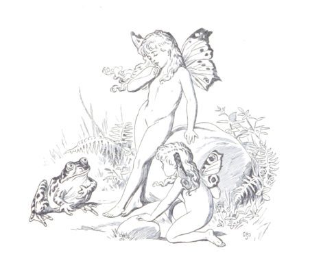 Two fairies talking to a frog