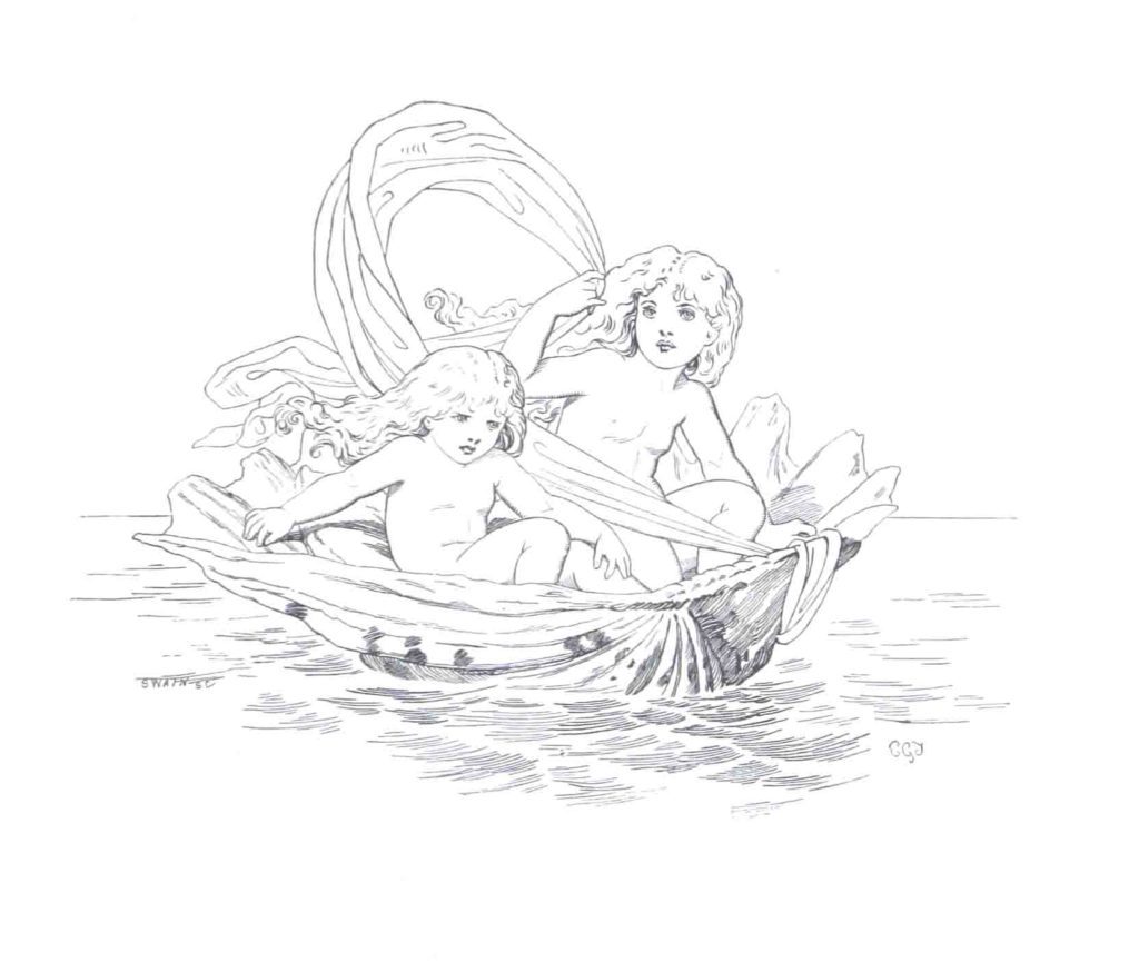 Two fairies riding a shell in the water