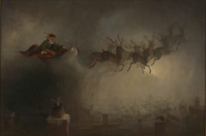 Santa Claus Flying over a city dropping toys into a chimney