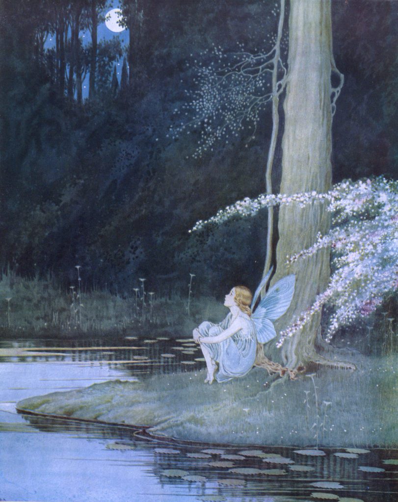 A fairy sitting under a tree next to a body of water