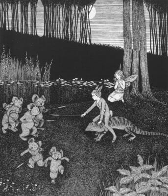 Vintage Illustration of a Boy dressed up in a Bunny suit with a bullrush. He is riding a lizard charging a group of 4 koala bears. 2 koala's running away, as a fairy is on her knees looking shocked.