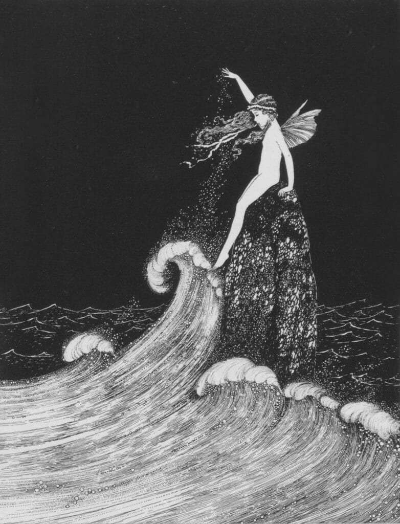VIntage Illustration of a nude fairy sits on top of a rock sticking out of the ocean as waves tumble past. Night time with black skies.