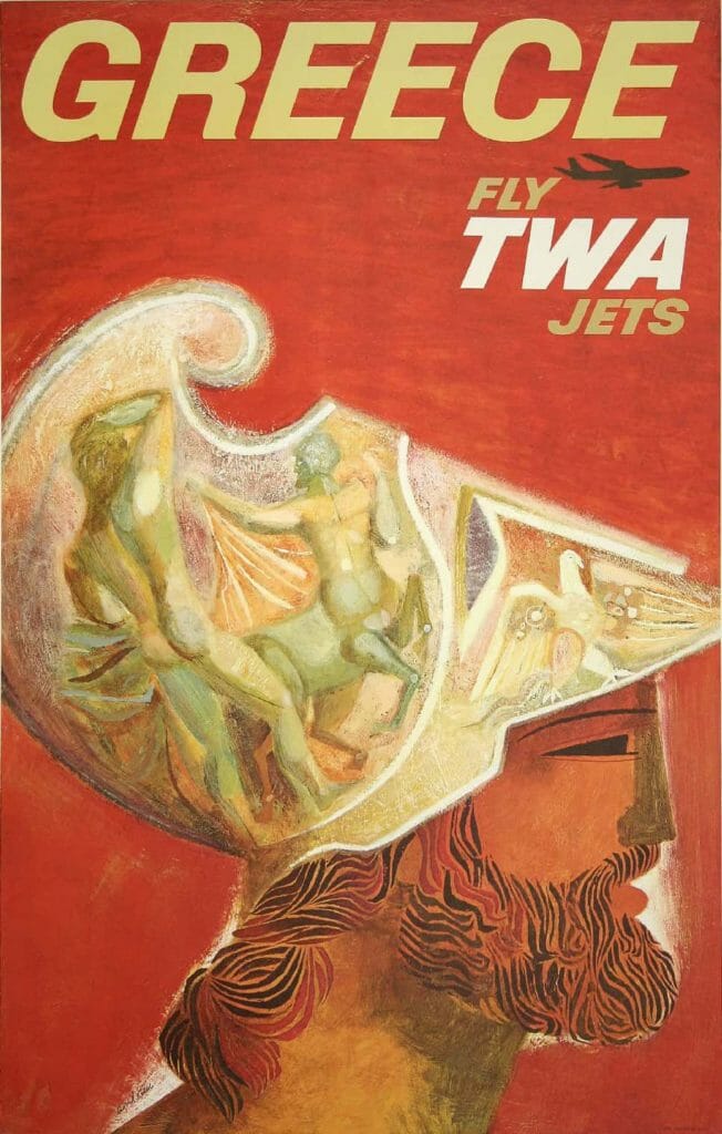 Fly Twa Jets Greece David Klein 1960s Vintage Travel Poster