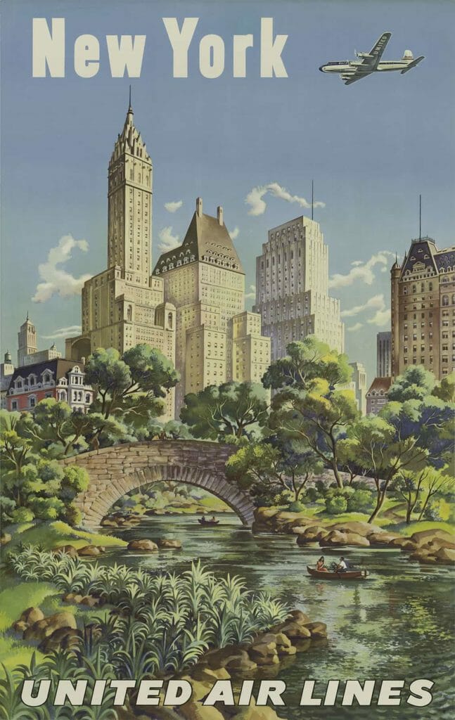 New York United Air Lines Poster Joseph Feher 1940s Vintage Travel Poster