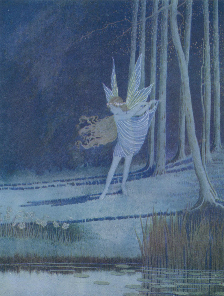 Vintage Illustration of a fairy dancing in the moonlight. Her red hair flowing. In the foreground there is a pond with water lilies