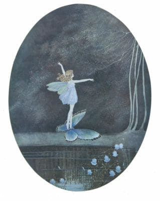 Vintage Illustration of A Fairy on the back of a flying butterfly. Butterfly is flying across water