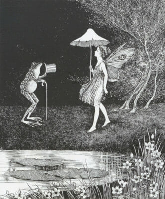 Vintage illustration of a fairy, Serana who puts Up Her Nose In The Air marching past a standing frog with a walking stick and top hat. In the dark with a pond with water lilies.