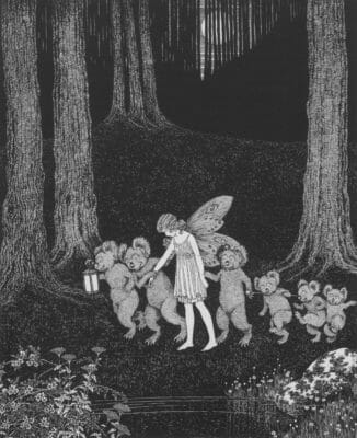 Black and white vintage illustration of a fairy being led by a group of koalas. Walking through a forest through the night with the moon peering through the trees in the background
