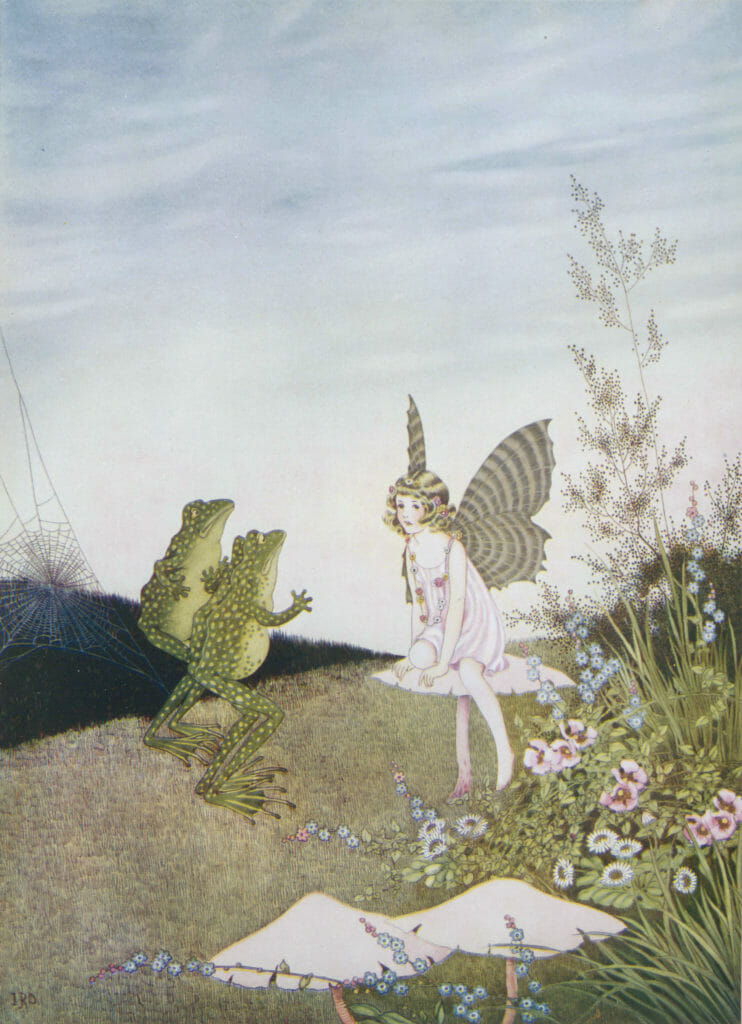 Two Frogs speaking to A Fairy Sitting On A Mushroom