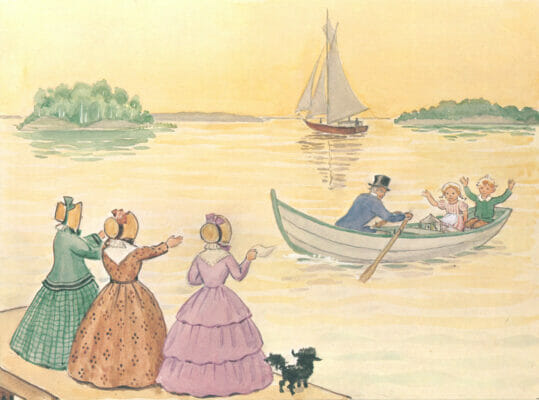 3 Ladies Waving To 2 Kids And A Man In A Row Boat