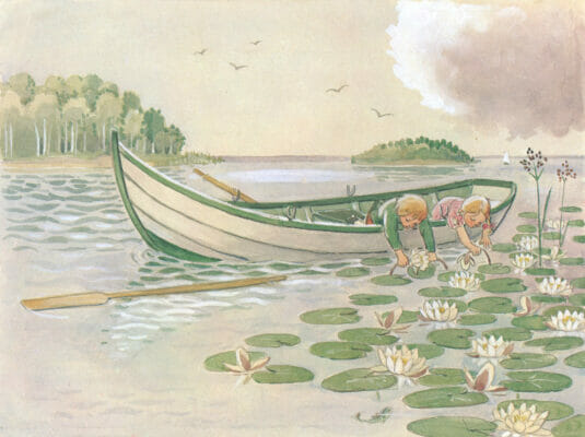 A Boy And A Girl Reaching Over A Row Boat To Pick Water Lilly Flowers