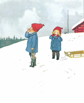 A Boy And Girl Out In The Snow With A Sledge