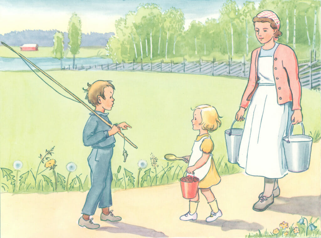 Annika The Girl With Her Mother Chatting With A Boy With Fishing Rod