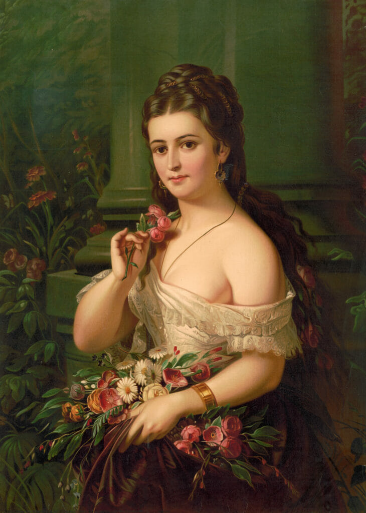 Brunette Beauty Holding A Bouquet Of Flowers Vintage Illustration Of Lady