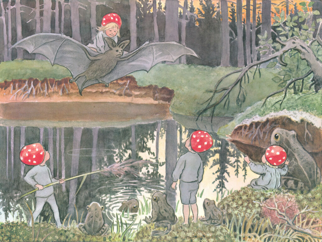 Children Of The Forest At A Pond With Bats And Frogs
