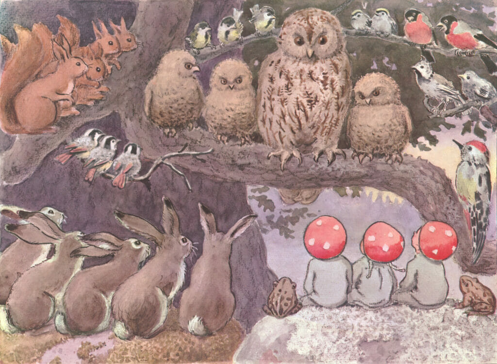 Children Of The Forest Sitting On A Rock With Rabbits Squirrels And Owls