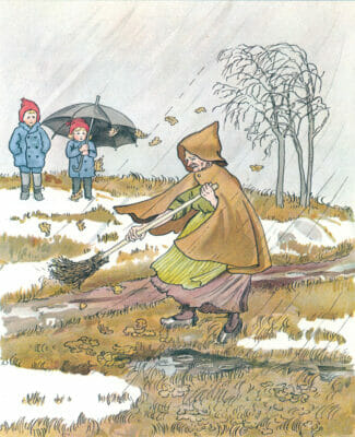 Children Watch In The Rain An Old Woman With A Broomstick
