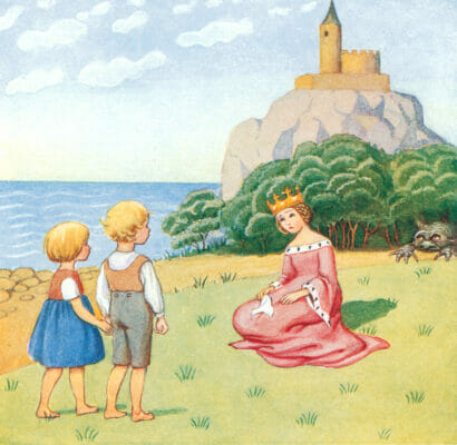 Girl And Boy Speak To A Queen As A Dragon Looks On