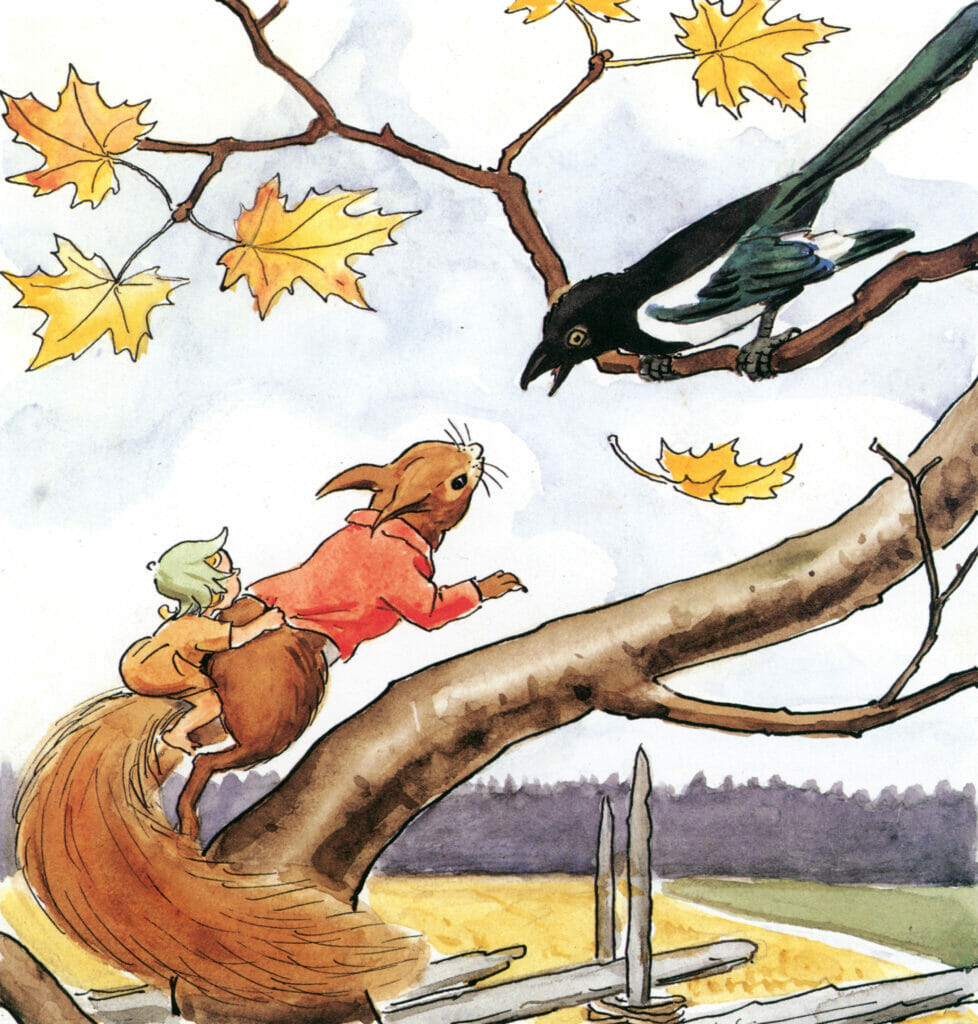 Girl Riding A Squirrel Looking At A Bird