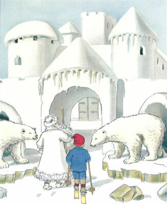 Ollie Skis Into A Castle With Polar Bears At Entrance