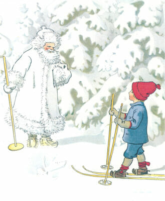 Ollie The Boy Skiing Past A Bearded Man In A White Robe