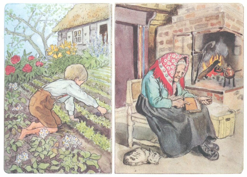Pelle Gardening . Old Woman Sitting By Fire Reading Book