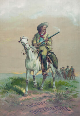 Poster Of Buffalo Bill On A Horse With A Rifle Vintage Cowboy Illusttration