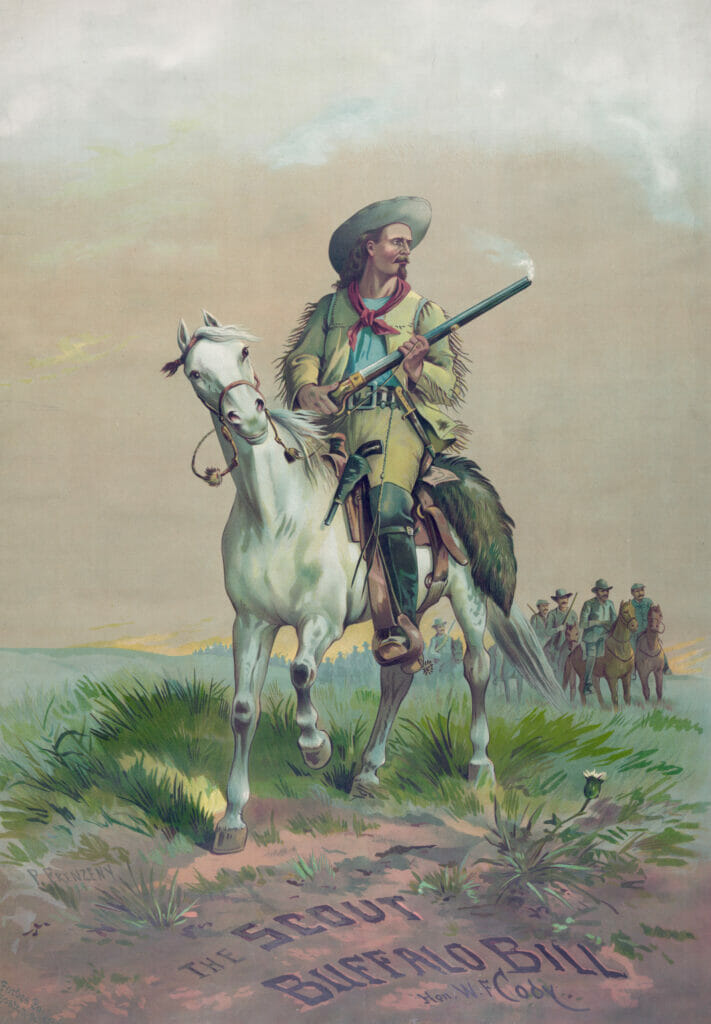 Poster Of Buffalo Bill On A Horse With A Rifle Vintage Cowboy Illusttration