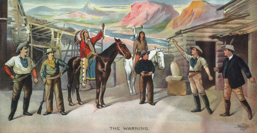 The Warning Cowboys And Native Americans Talking Vintage Cowboy Illustration
