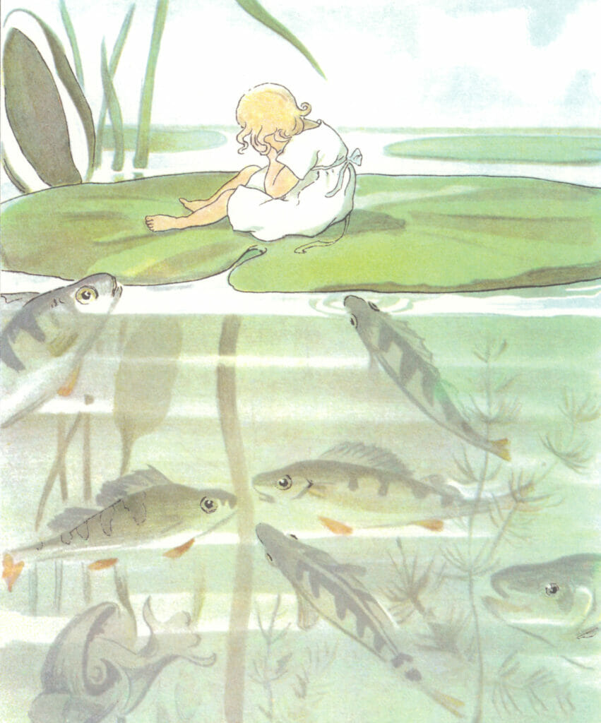Thumbelina Little Girl Crying On A Water Lilly With Fish Looking At Her 05