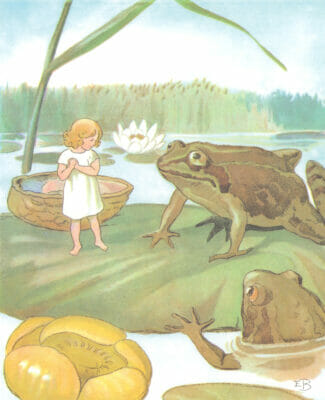 Thumbelina Little Girl On A Water Lilly With 2 Frogs Illustration04