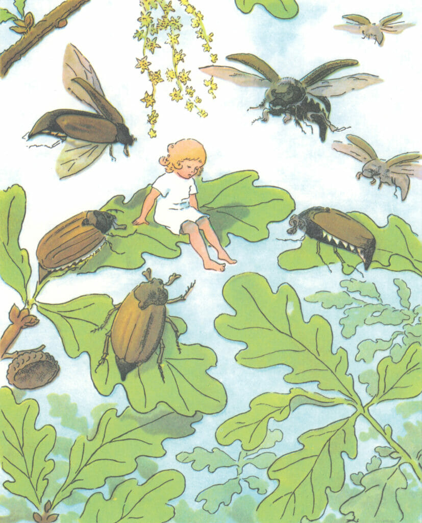 Thumbelina Little Girl Sitting On A Leaf With Beetles Hovering Around Her Illustration06
