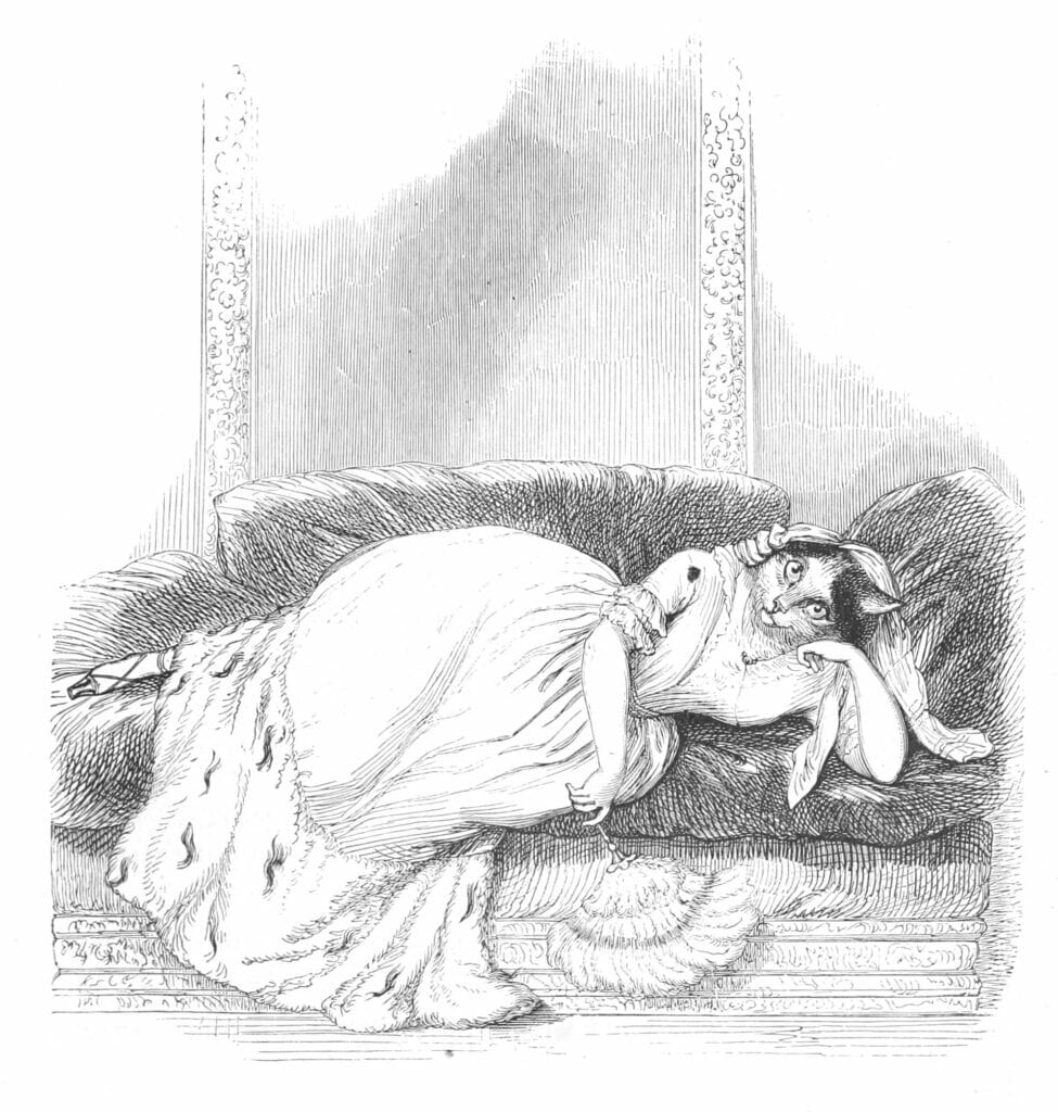 Vintage Anthropomorphic Illustration Of A Cat In A Dress Lying On A Couch