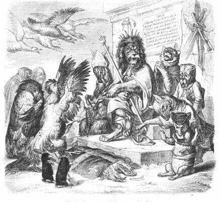 Vintage Anthropomorphic Illustration Of A King Lion Siting At Court