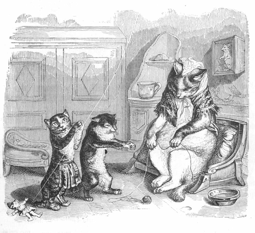 Vintage Anthropomorphic Illustration Of Kittens And Cat