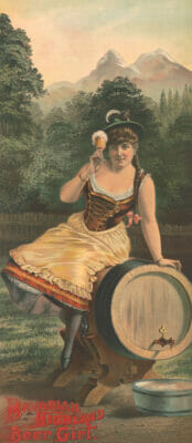 Vintage Beer Advertising Woman Holding A Beer Sitting On A Barrel