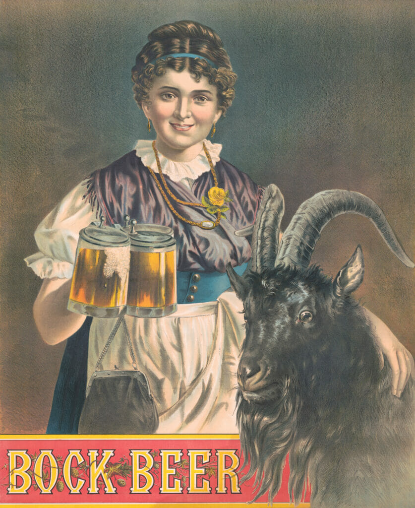 Vintage Beer Advertising Woman Holding Three Beer Goat By Her Side