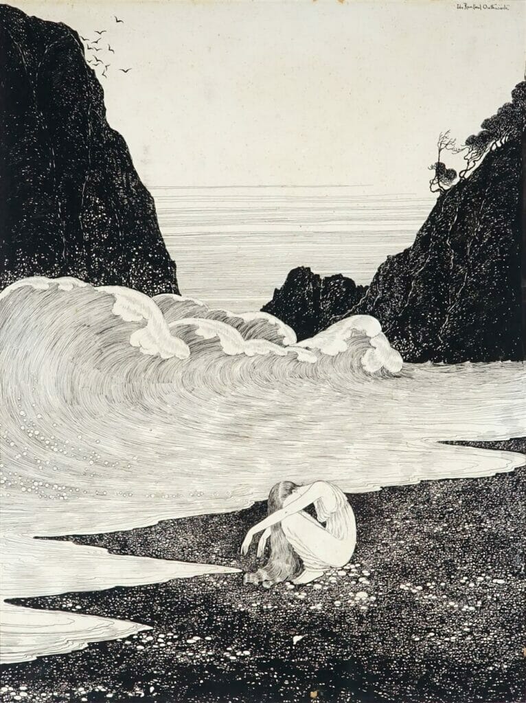 Vintage Fairy Tale Illustration Of A Sad Girl At The Beach As The Waves Roll In