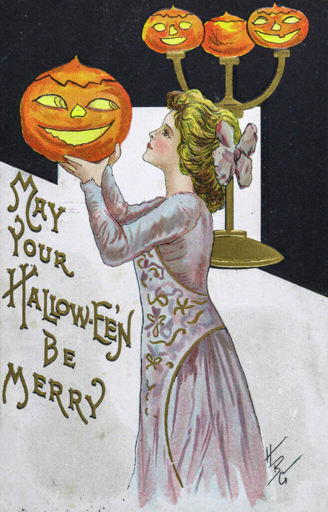 Vintage Halloween Illustration A Girl With A Pumpkin