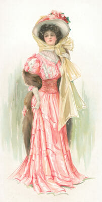Vintage Illustration Of A Lady In A Pink Dress And Large Hat . The Favorite