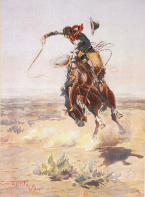 Vintage Illustration Of A Cowboy On A Bucking Horse Hat Flying Off